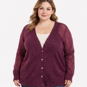 J. Jill Woman’s Cardigan Sweater Mohair Blend Open Knit Sheer 3x Wine Burgundy